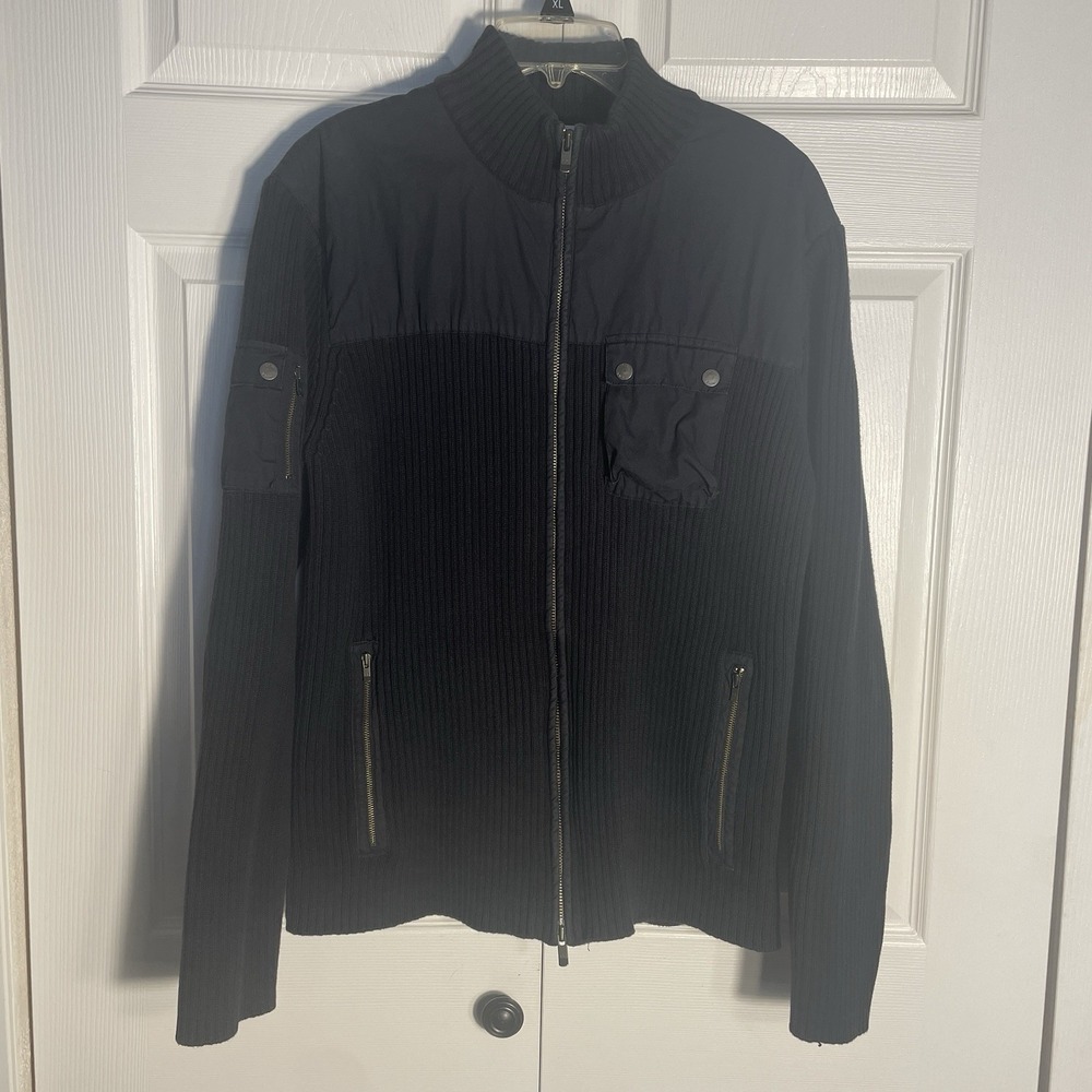 Vintage Calvin Klein Sweater Men XL‎ Black Ribbed Knit Full Zip Y2K Utility Tech